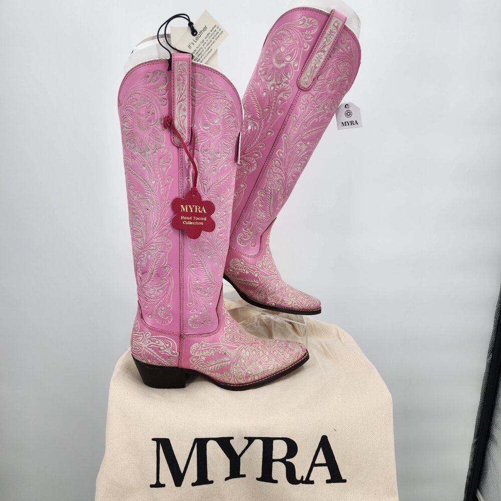 MYRA BAG Valentina Trail Hand Tooled Tall Pink Cowboy Boots 6-11NWT - Picture 8 of 16